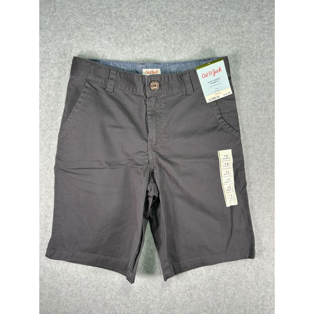 Cat & Jack Boys Size 12 Flat Front Chino Shorts Gray Stretch Adjustable Waist